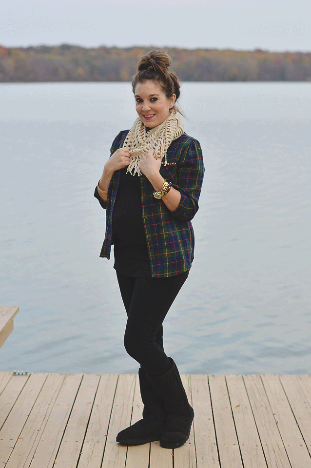 Life and style blogger, The Samantha Show, styles a plaid, fringe scarf that is perfect for fall. Fringe scarves are trendy for the fall and winter season.