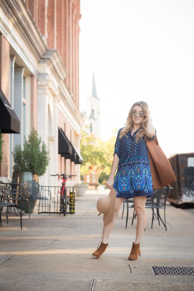 Boho blue dress puts a fun twist on the fall trend.