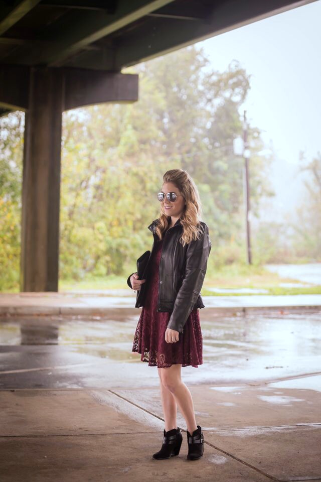 How to style a leather jacket; pair with a lace dress for a edgy yet feminine look.