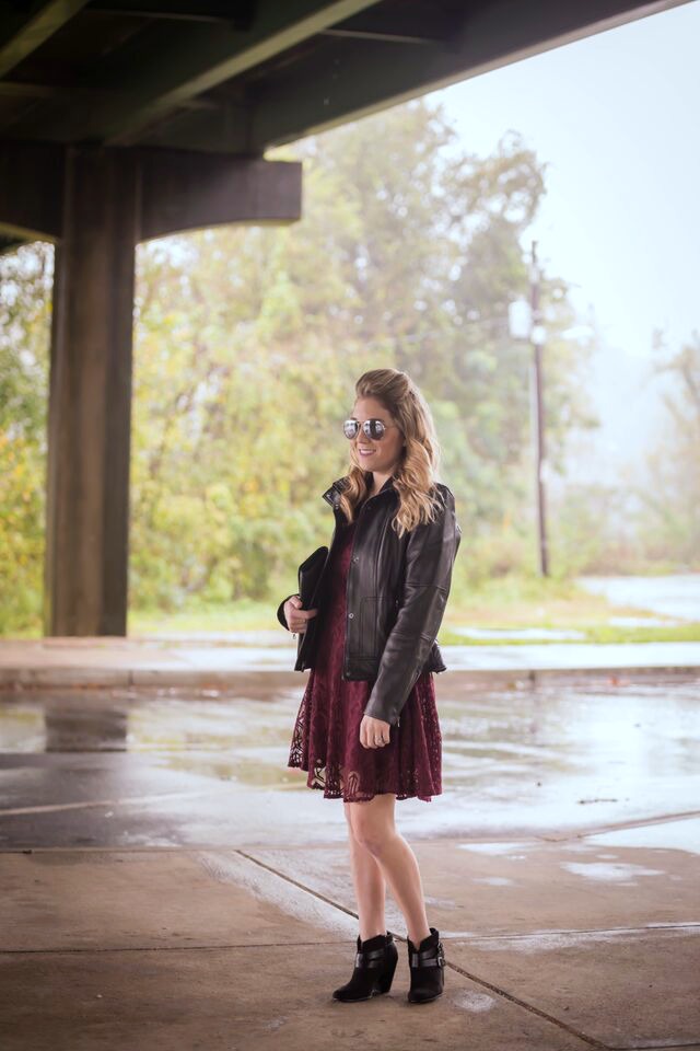 How to style a leather jacket; pair with a lace dress for a edgy yet feminine look. 