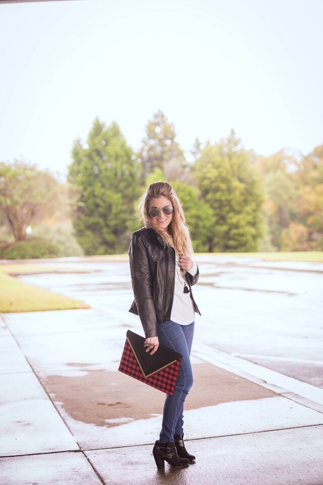 How to style a leather jacket; jeans, thermal top, statement clutch and leather jacket. Perfectly chic!