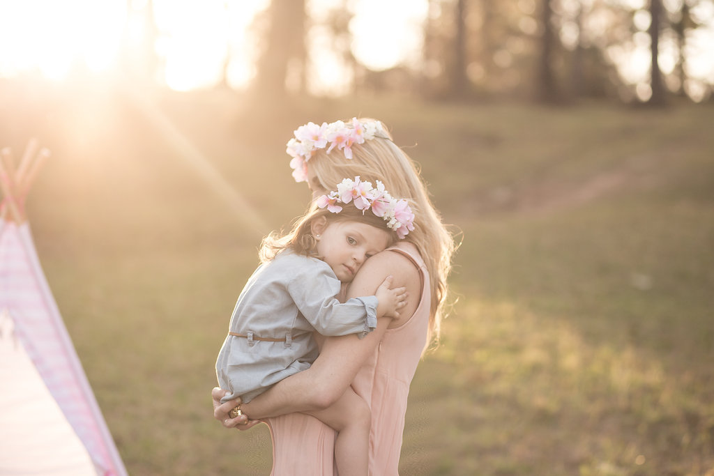 Mommy and me boho shoot with tee pee and flower crowns. That golden hour light is perfection! 