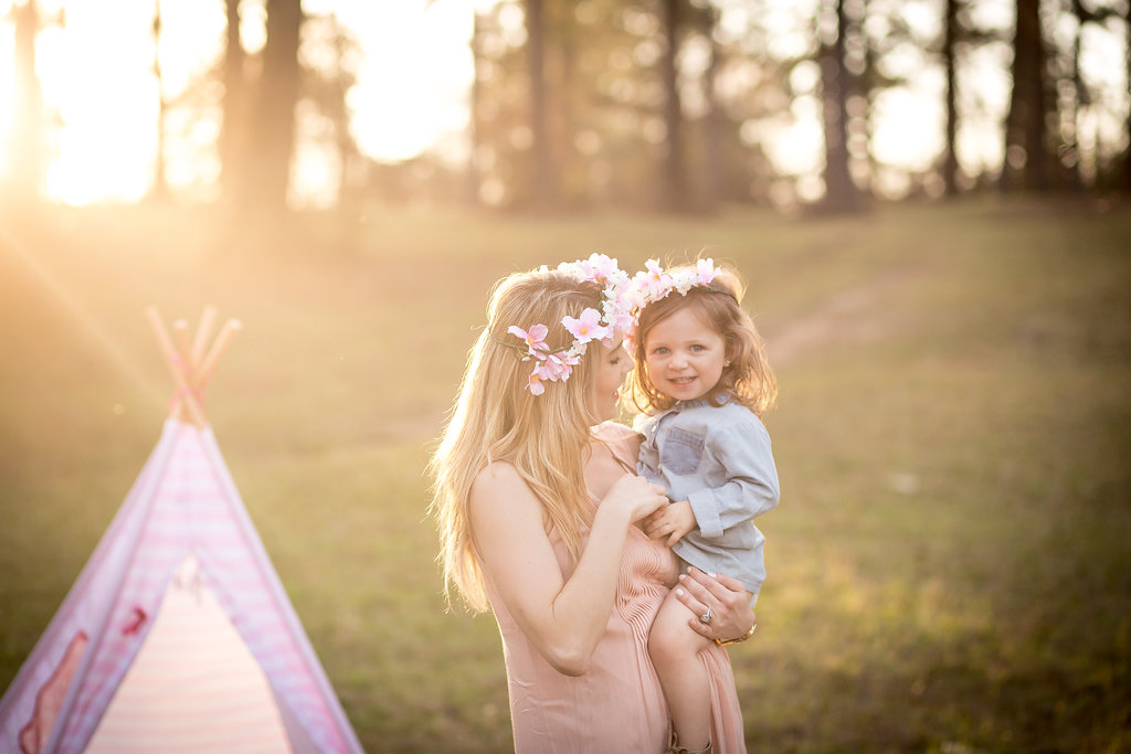 Mommy and me boho shoot with tee pee and flower crowns. That golden hour light is perfection! 