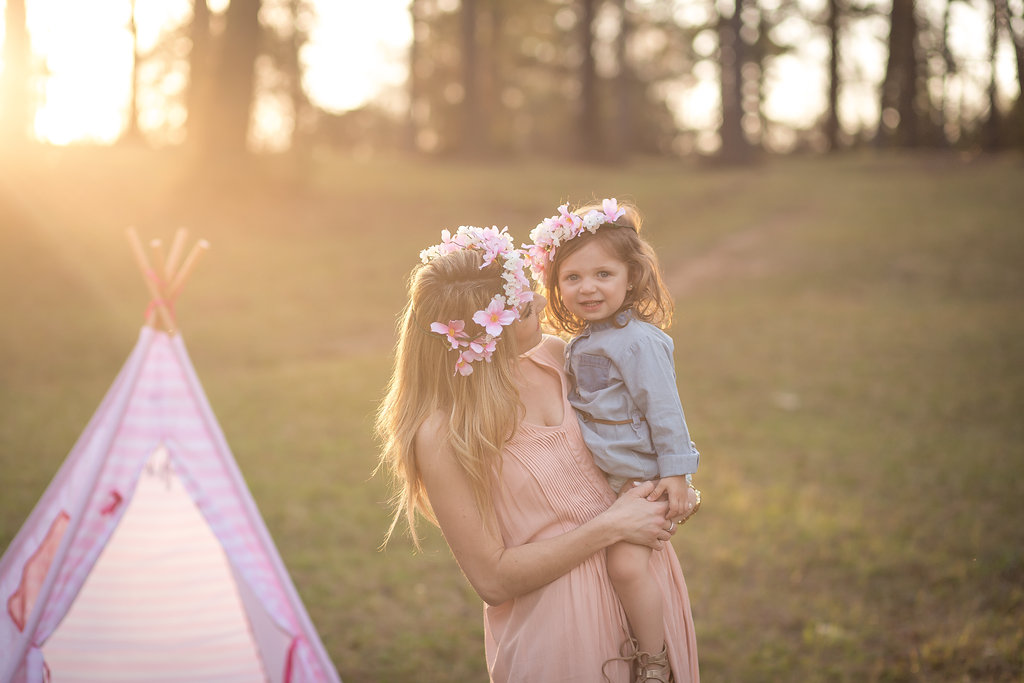 Mommy and me boho shoot with tee pee and flower crowns. That golden hour light is perfection! 