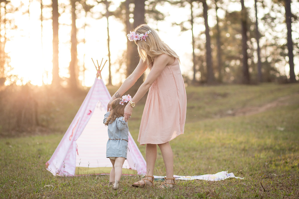 Mommy and me boho shoot with tee pee and flower crowns. That golden hour light is perfection! 