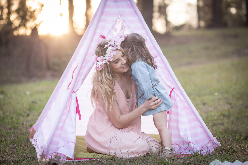 Mommy and me boho shoot with tee pee and flower crowns. That golden hour light is perfection! 