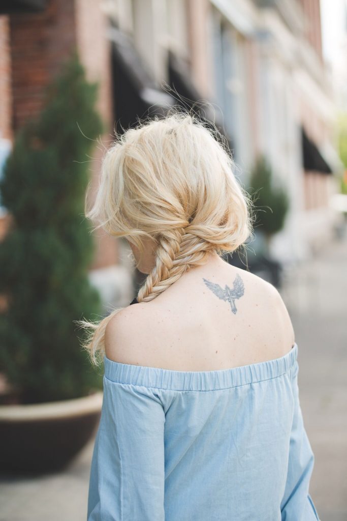 chambray dress and fishtail braid