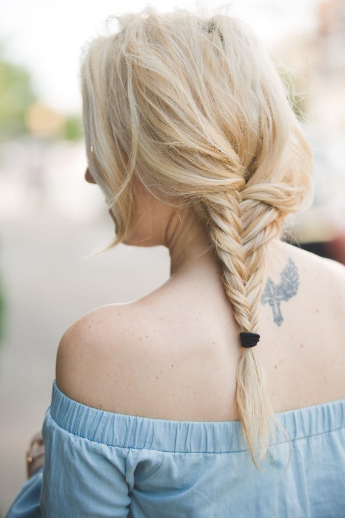 chambray dress and fishtail braid