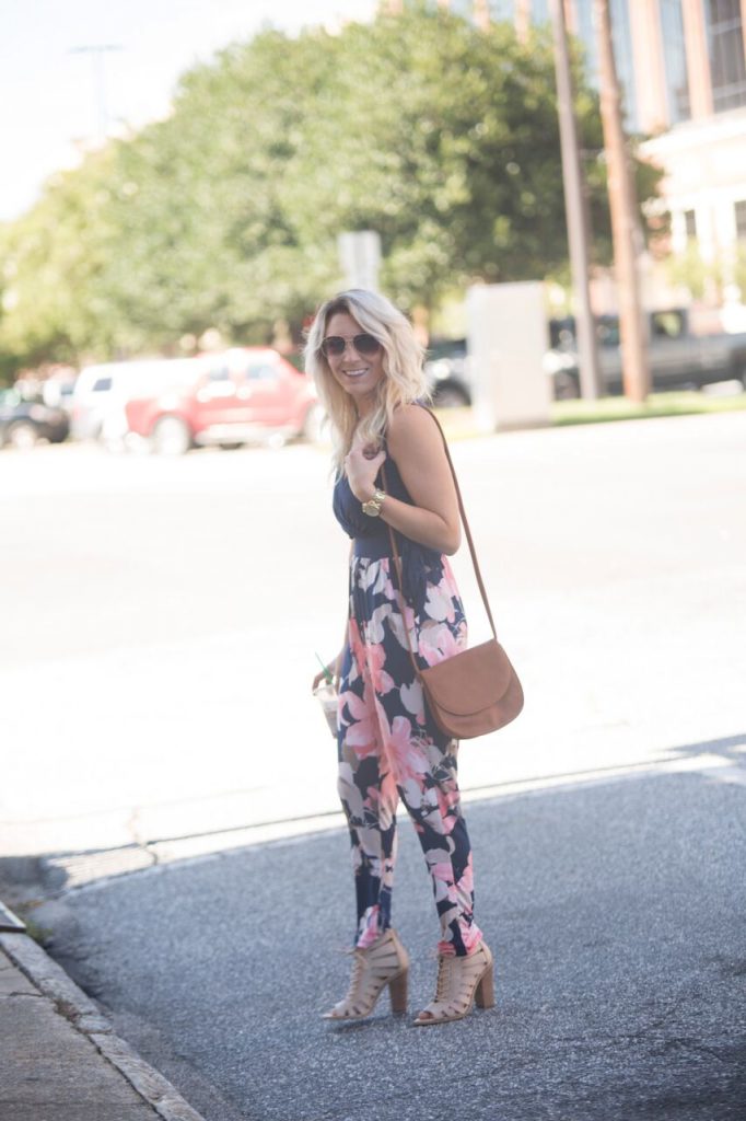 Floral pantsuit from Mo and Cho Boutique