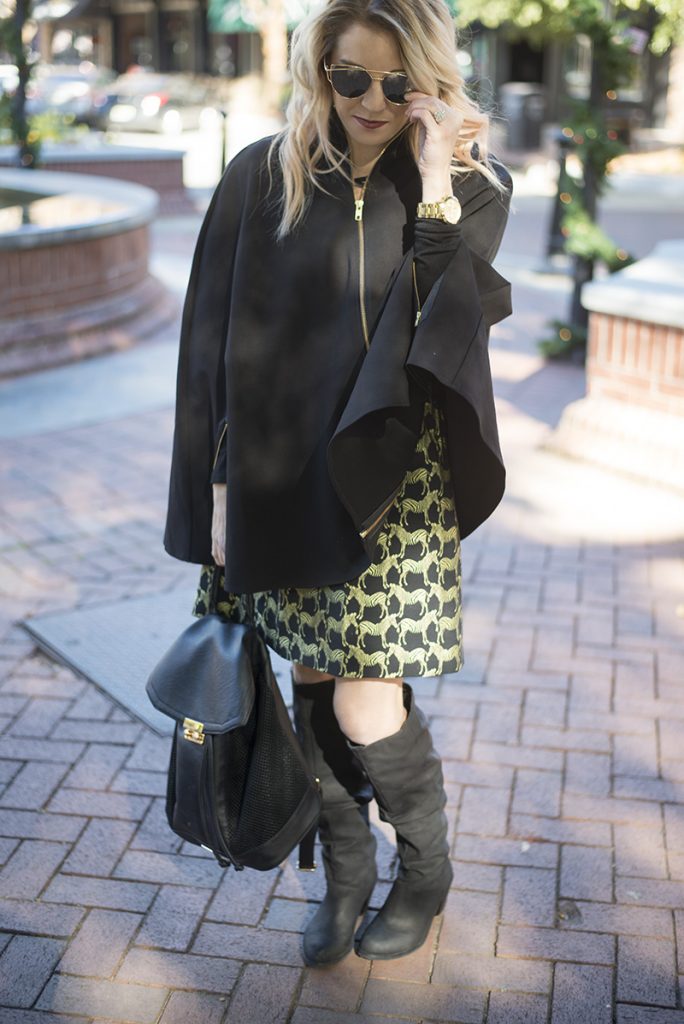 holiday outfit ideas; mix black and gold and buy pieces that you can wear all year round instead of just seasonally. This specific holiday fashion look with Crown & Ivy skirt and poncho are perfect! 