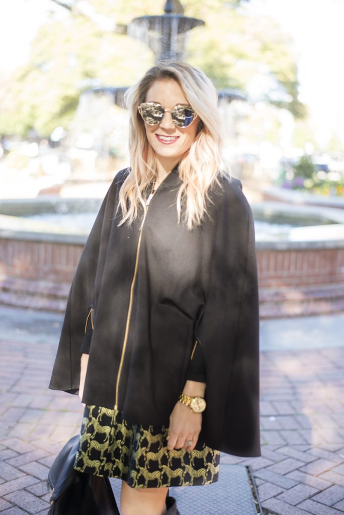 holiday outfit ideas; mix black and gold and buy pieces that you can wear all year round instead of just seasonally. This specific holiday fashion look with Crown & Ivy skirt and poncho are perfect! 