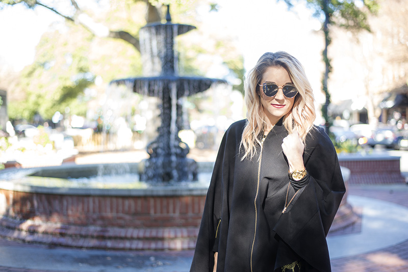 holiday outfit ideas; mix black and gold and buy pieces that you can wear all year round instead of just seasonally. This specific holiday fashion look with Crown & Ivy skirt and poncho are perfect! 