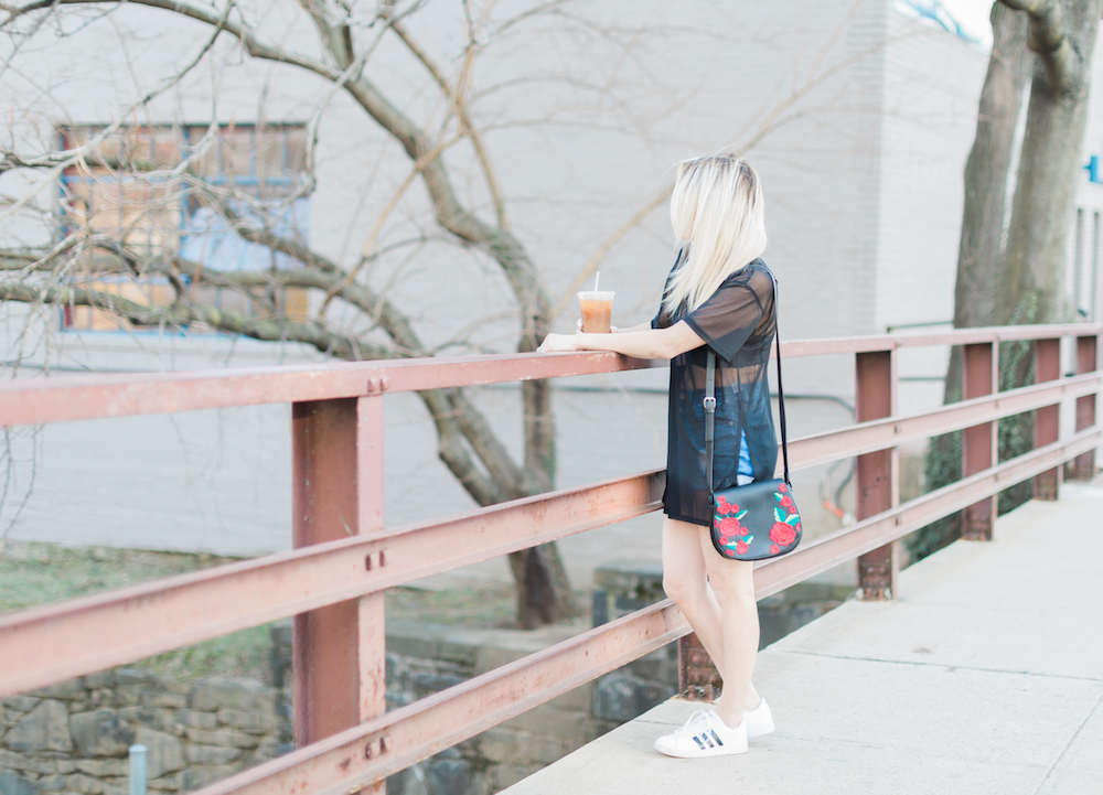 Posh Spice meets Sporty Spice: pair a sheer top with sporty kicks for a sexy but chic look. Want a little more edge? Throw on an embroidered leather jacket to seal the deal. 