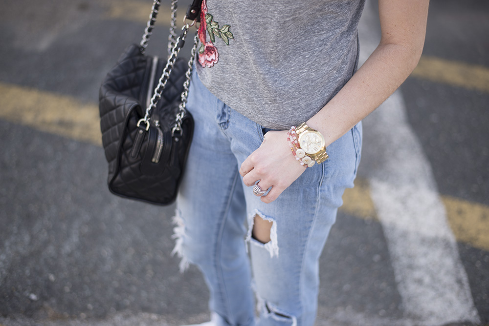 Embroidered roses tee paired with jeans and tennis for a comfortable but chic daytime look. 