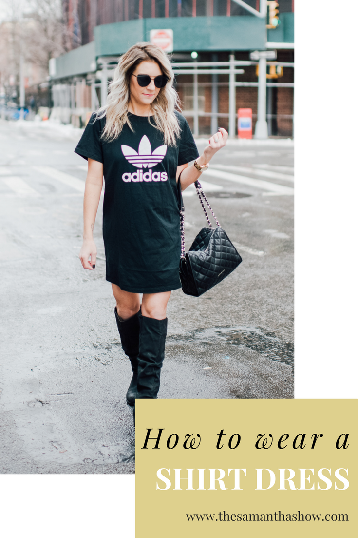 Life and style blogger, The Samantha Show, shares how to style a t-shirt dress. A t-shirt dress is an easy style to dress up or dress down.