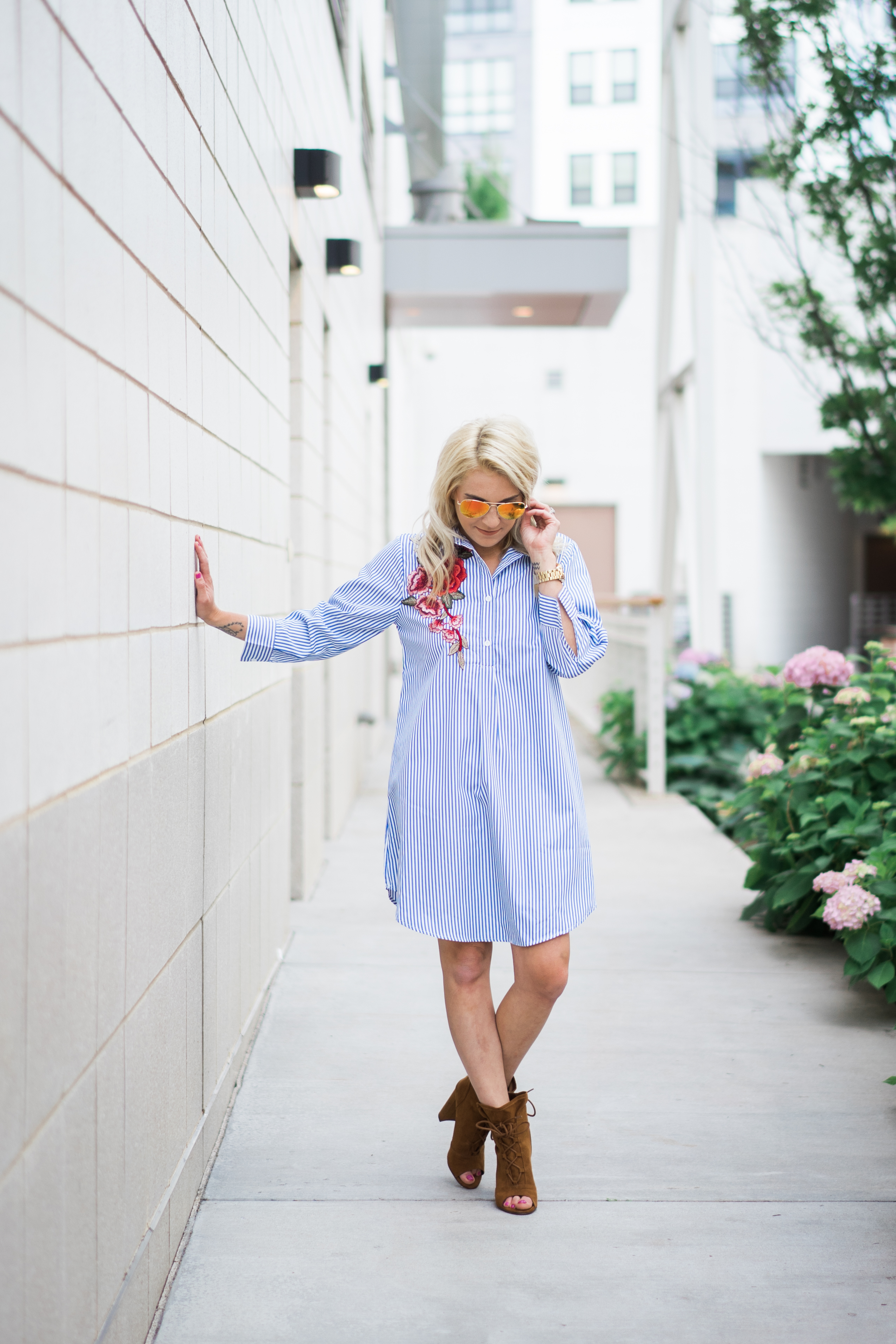 Blue and white striped shirt dress with rose embroidery for summer. 