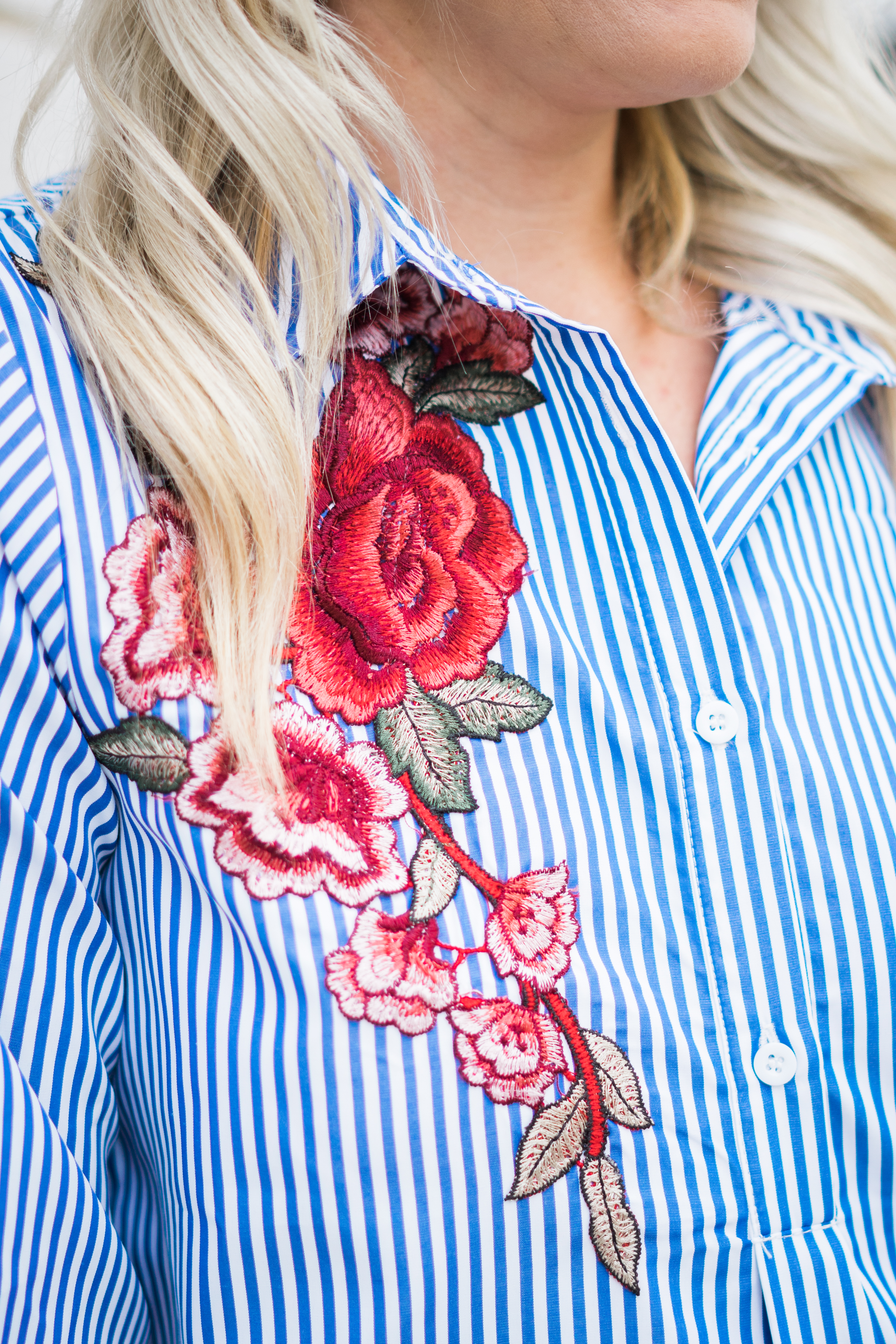 Blue and white striped shirt dress with rose embroidery for summer. 