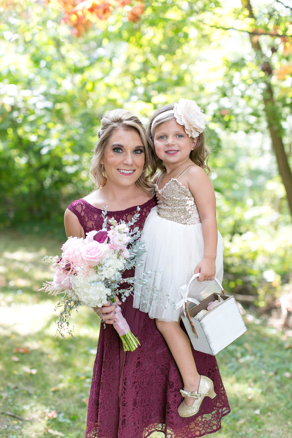 A perfect fall wedding; bordeaux lace bridesmaid dresses 