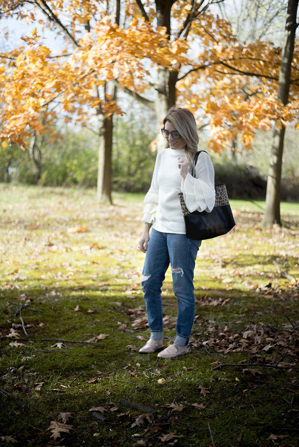 Ruffle sleeve sweater in winter white