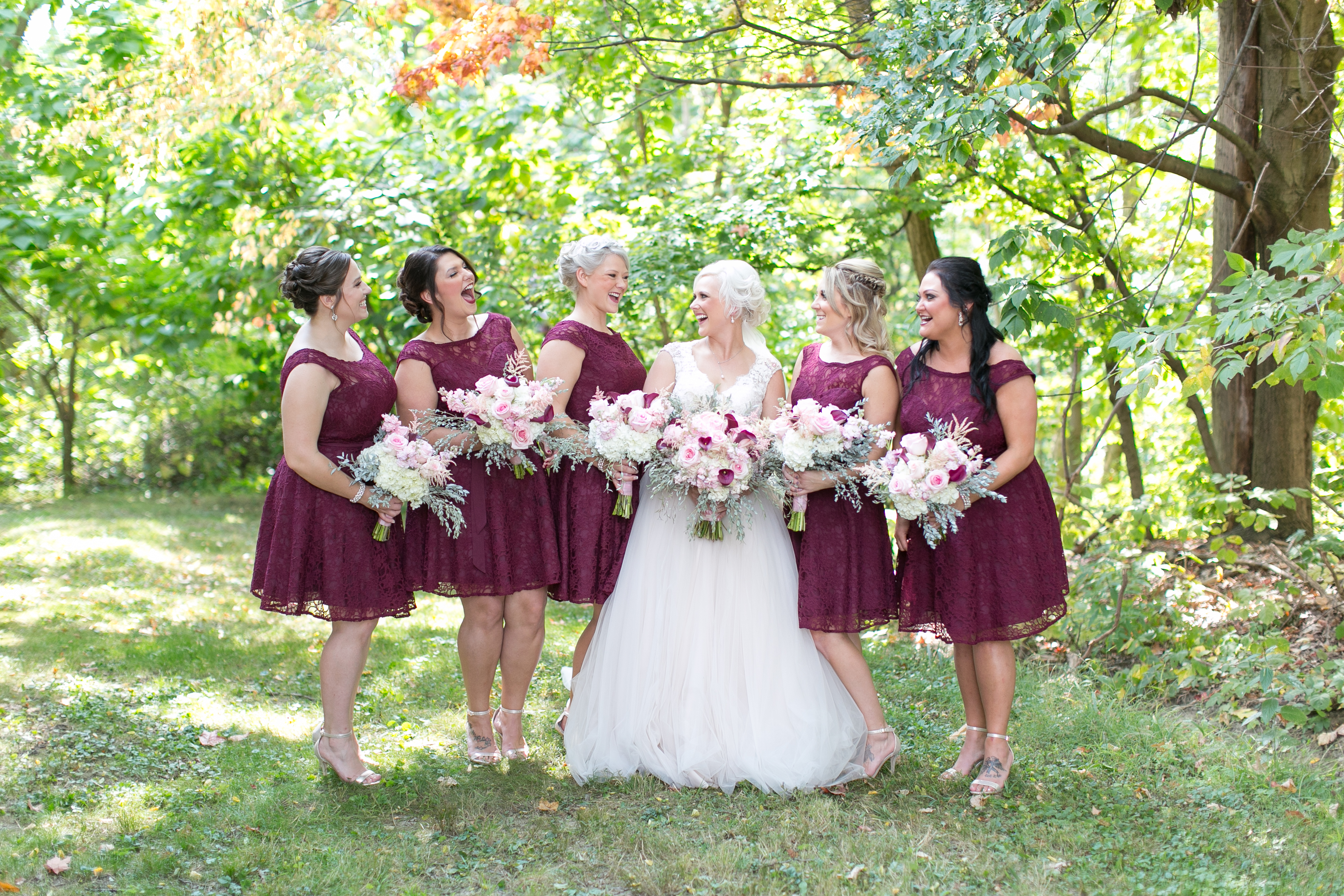 A perfect fall wedding; bordeaux lace bridesmaid dresses 