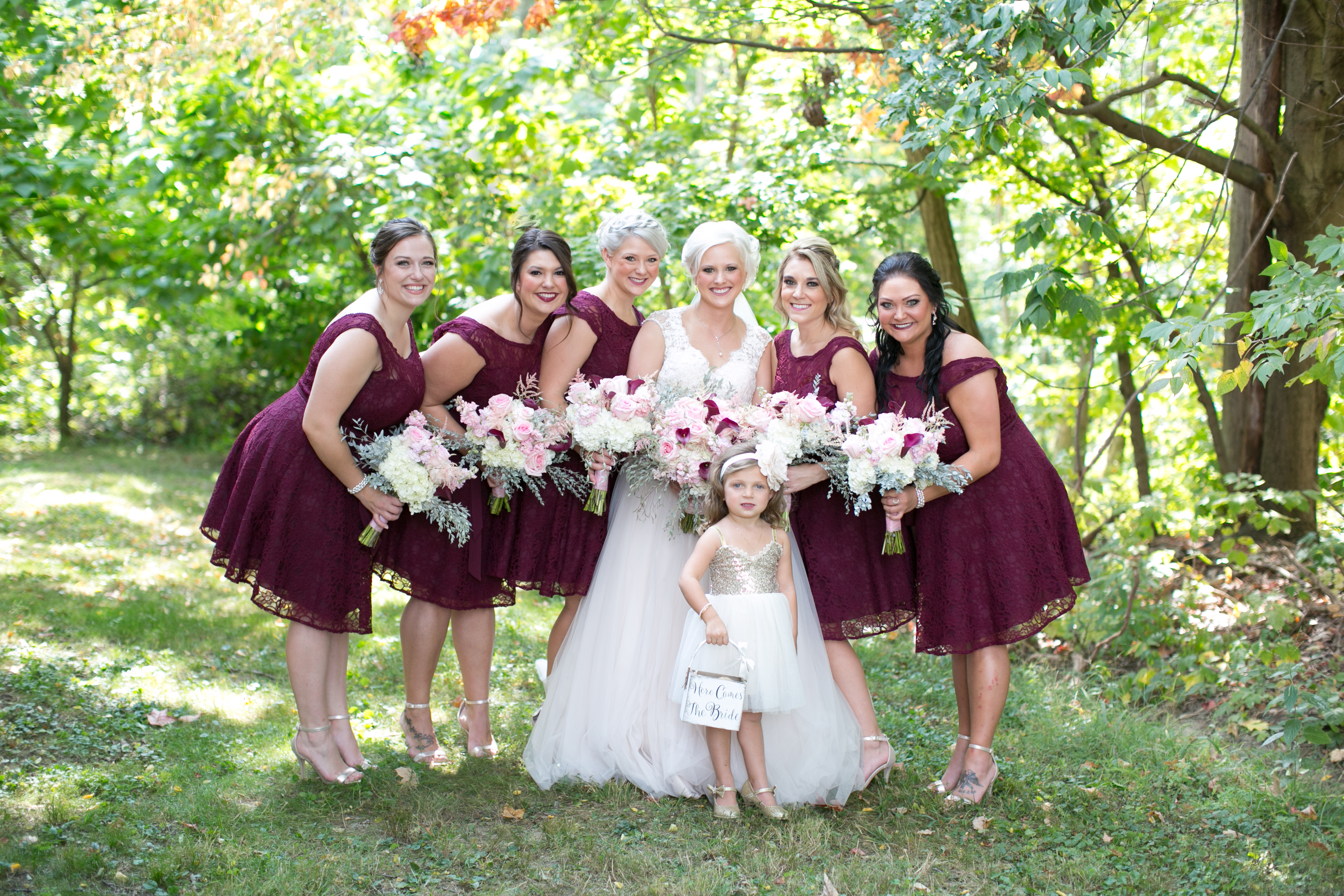 A perfect fall wedding; bordeaux lace bridesmaid dresses 