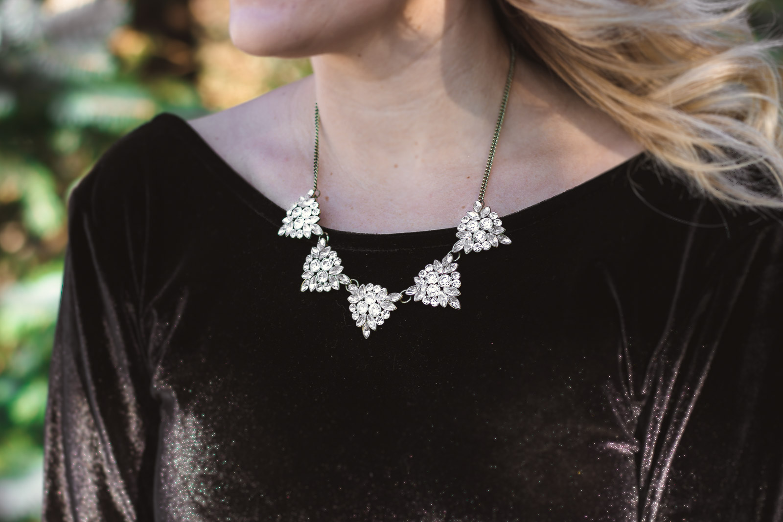 Holiday glam with a black velvet dress and statement necklace. 