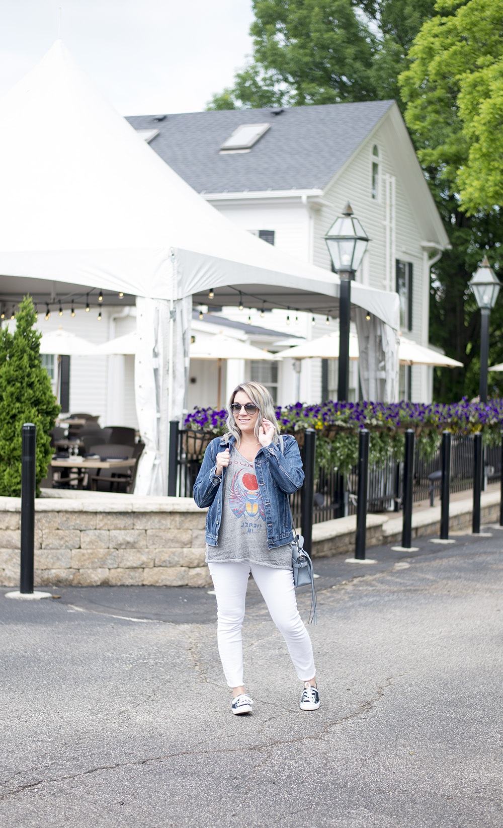 Summer fashion with Lucky Brand; white jeans, band tee, jean jacket. 